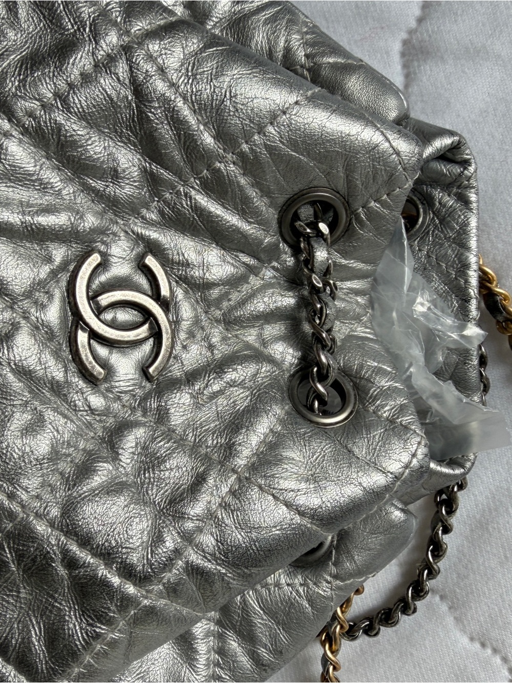 CHANEL Silver Backpack Quilted Drawstring Shoulder with Mixed Metal Chain - Picture 3 of 12